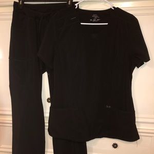 black scrub pants and top